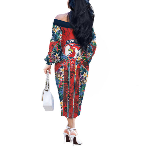 Sydney Roosters Off The Shoulder Long Sleeve Dress Tropical Hibiscus Floral Pattern With Red And Blue Accents