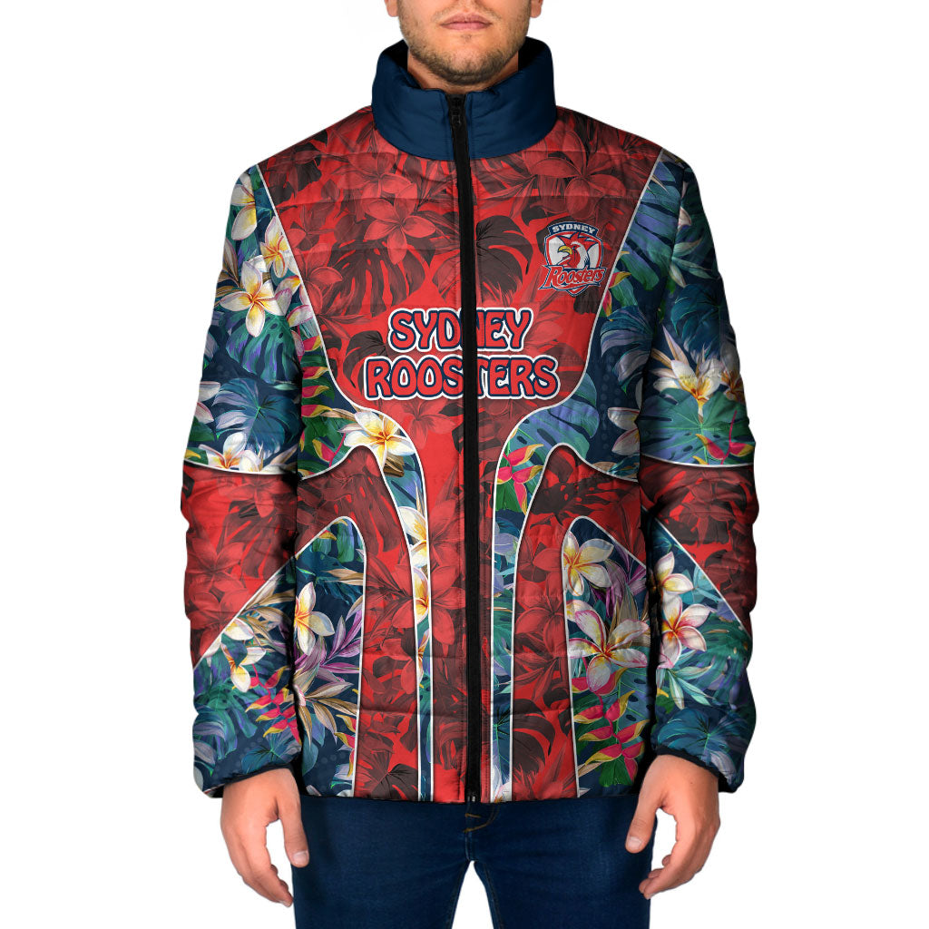 Sydney Roosters Padded Jacket Tropical Hibiscus Floral Pattern With Red And Blue Accents