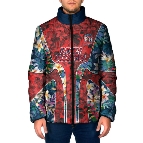 Sydney Roosters Padded Jacket Tropical Hibiscus Floral Pattern With Red And Blue Accents