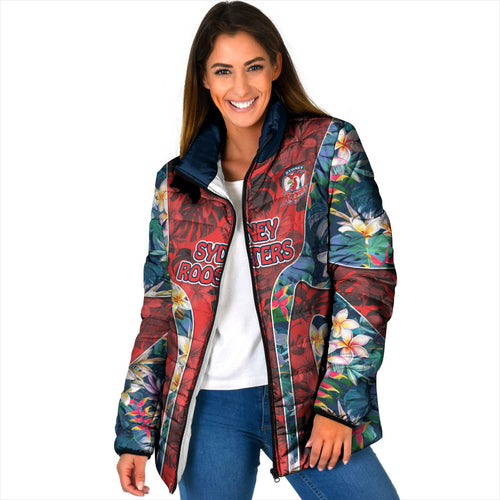 Sydney Roosters Padded Jacket Tropical Hibiscus Floral Pattern With Red And Blue Accents