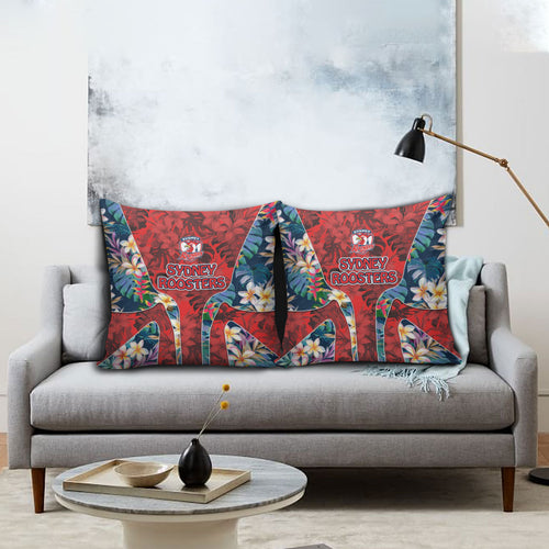 Sydney Roosters Pillow Cover Tropical Hibiscus Floral Pattern With Red And Blue Accents