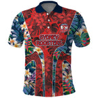 Sydney Roosters Polo Shirt Tropical Hibiscus Floral Pattern With Red And Blue Accents