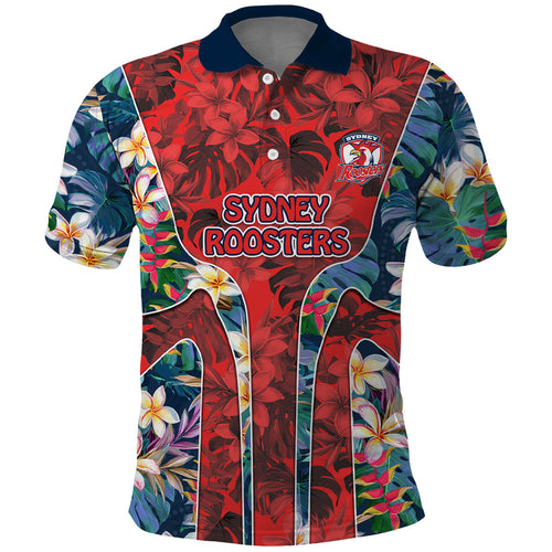 Sydney Roosters Polo Shirt Tropical Hibiscus Floral Pattern With Red And Blue Accents