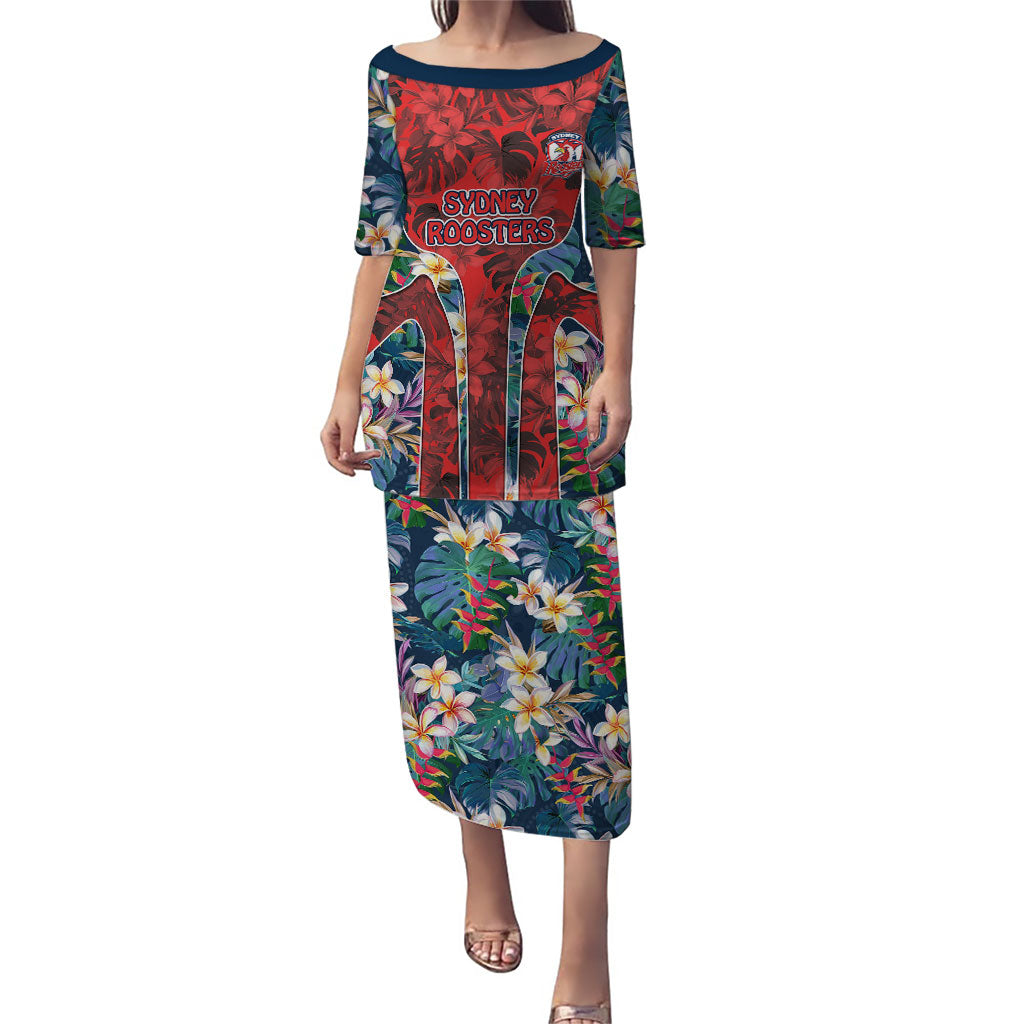 Sydney Roosters Puletasi Tropical Hibiscus Floral Pattern With Red And Blue Accents