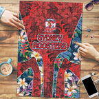 Sydney Roosters Puzzle Tropical Hibiscus Floral Pattern With Red And Blue Accents