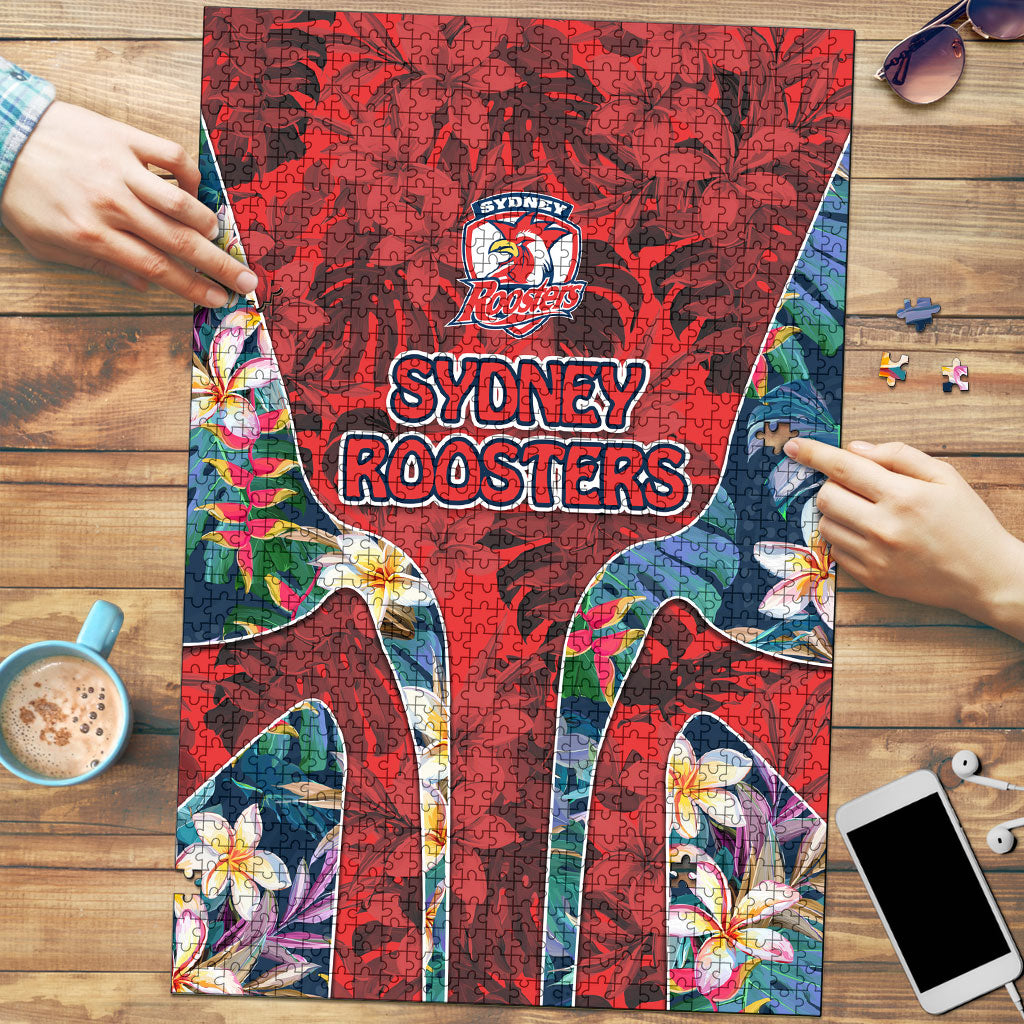 Sydney Roosters Puzzle Tropical Hibiscus Floral Pattern With Red And Blue Accents
