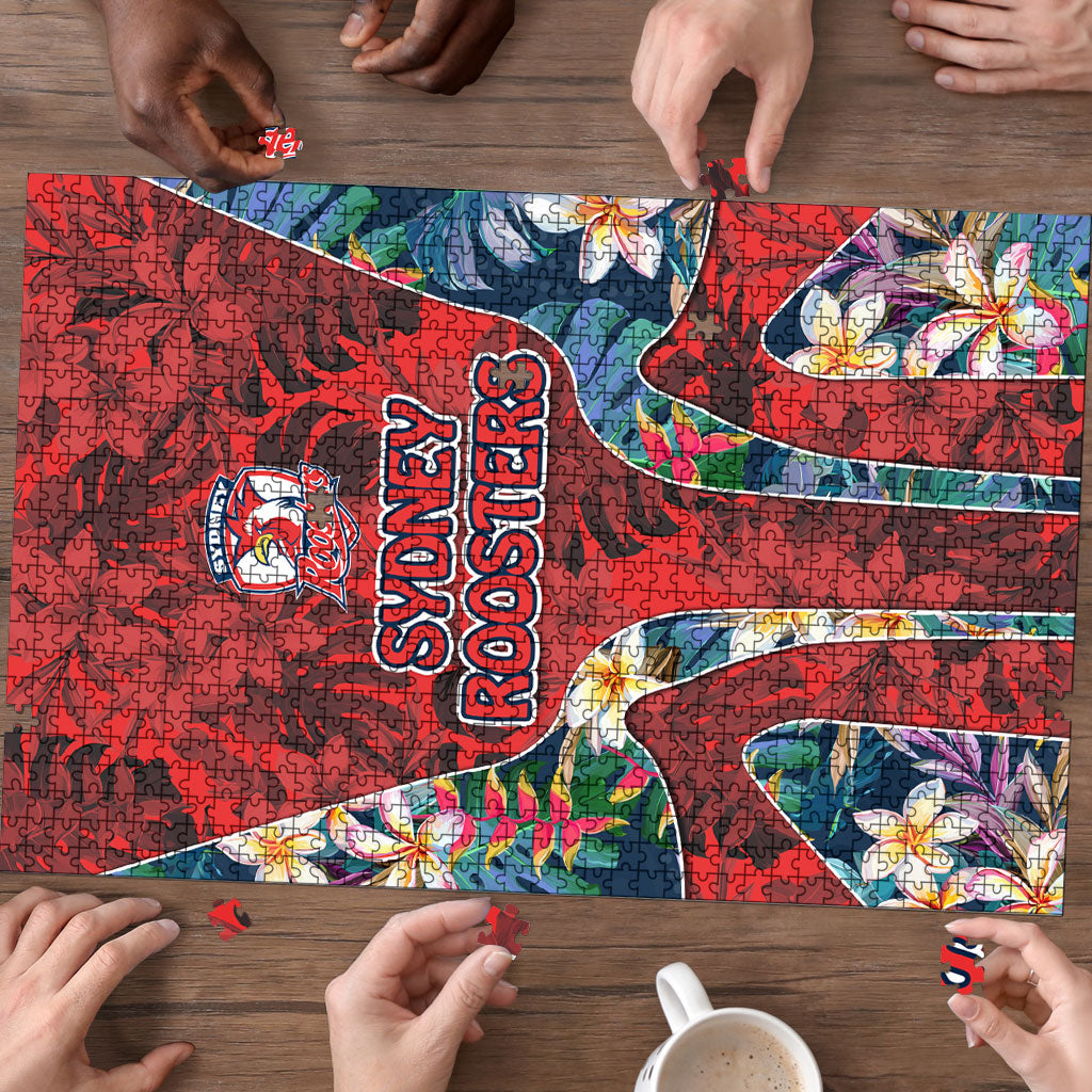 Sydney Roosters Puzzle Tropical Hibiscus Floral Pattern With Red And Blue Accents