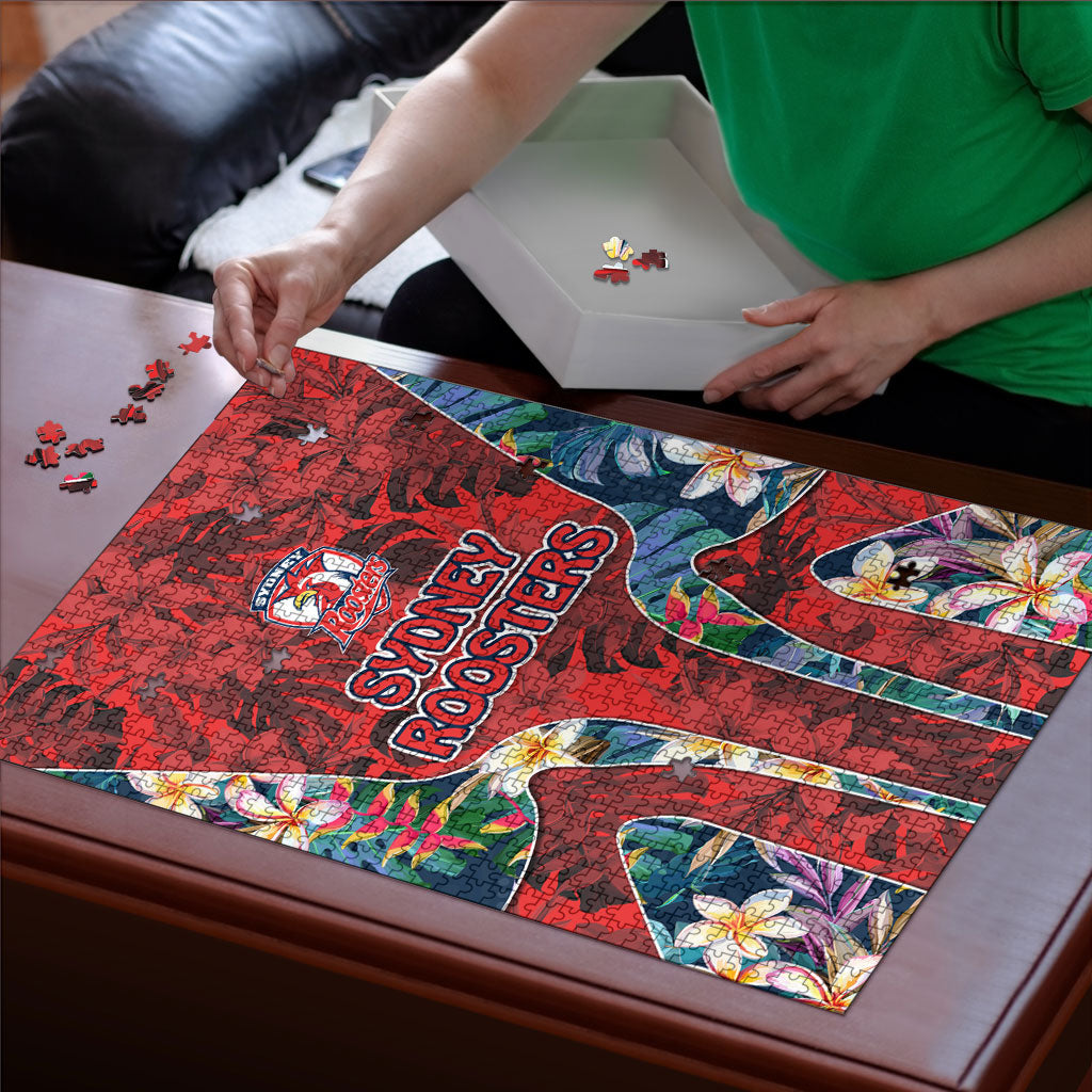 Sydney Roosters Puzzle Tropical Hibiscus Floral Pattern With Red And Blue Accents