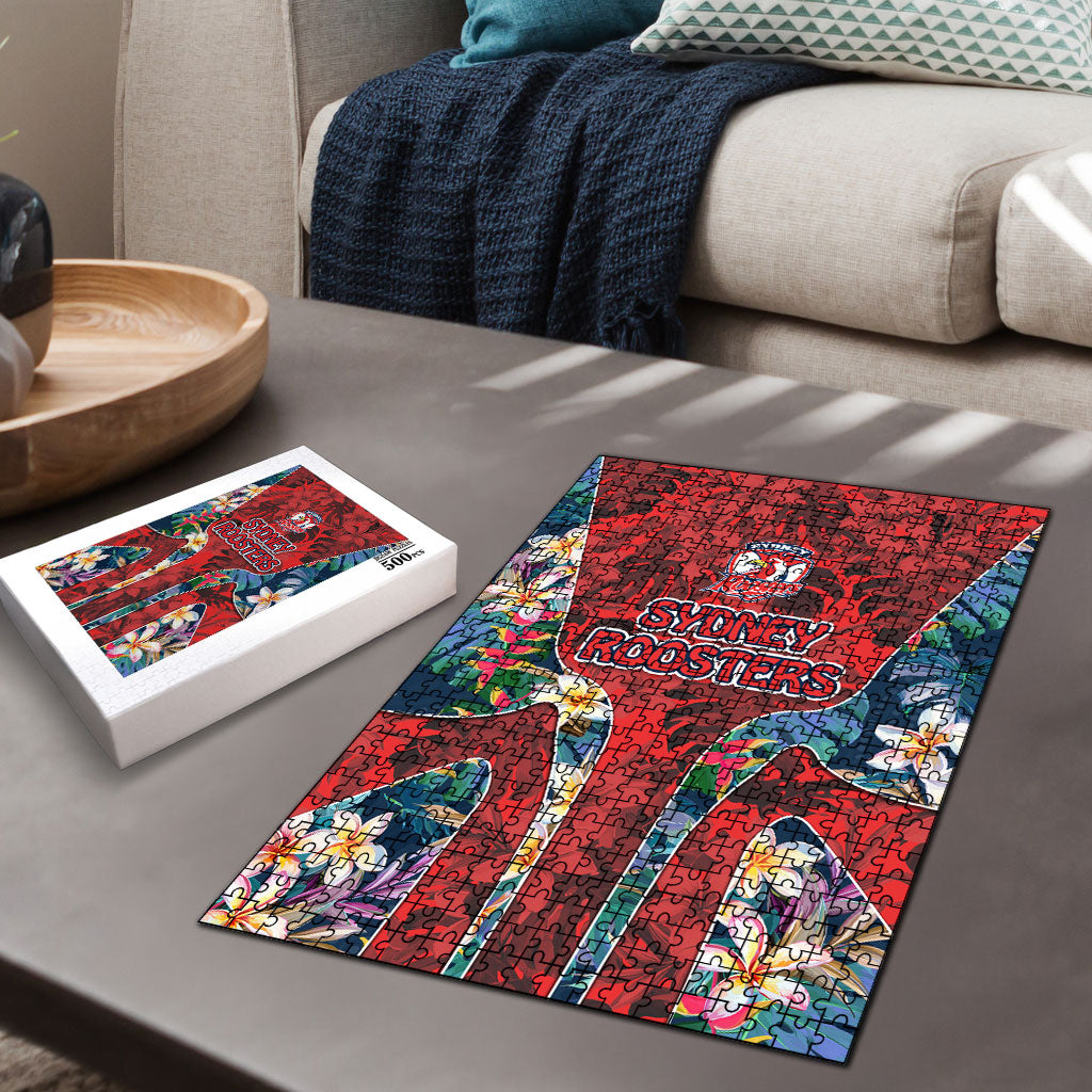 Sydney Roosters Puzzle Tropical Hibiscus Floral Pattern With Red And Blue Accents