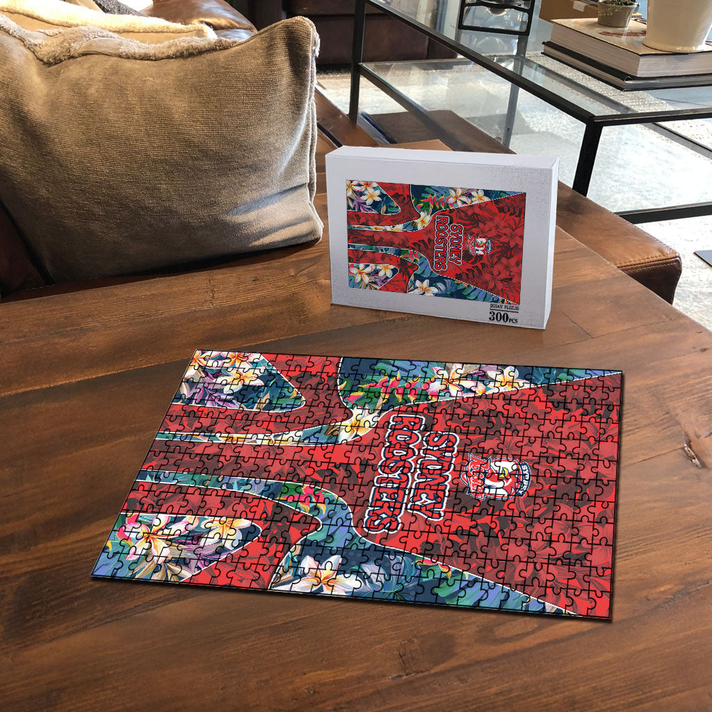 Sydney Roosters Puzzle Tropical Hibiscus Floral Pattern With Red And Blue Accents