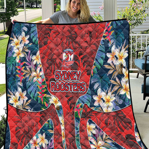 Sydney Roosters Quilt Tropical Hibiscus Floral Pattern With Red And Blue Accents