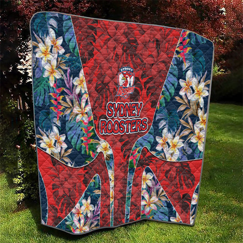 Sydney Roosters Quilt Tropical Hibiscus Floral Pattern With Red And Blue Accents