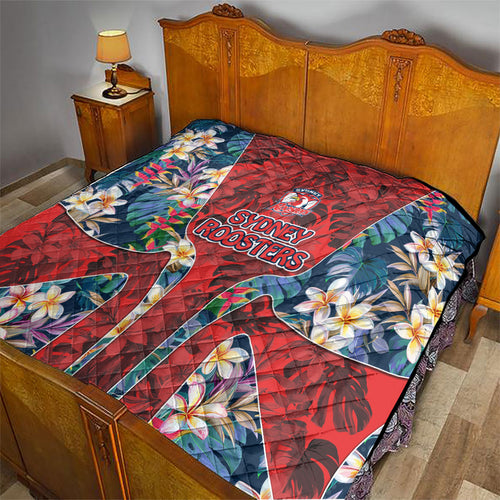 Sydney Roosters Quilt Tropical Hibiscus Floral Pattern With Red And Blue Accents