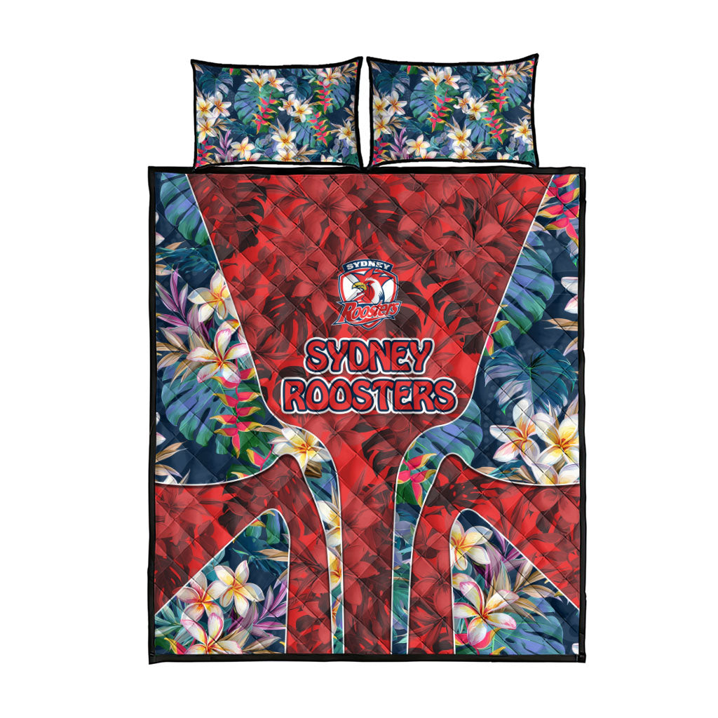 Sydney Roosters Quilt Bed Set Tropical Hibiscus Floral Pattern With Red And Blue Accents