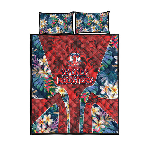 Sydney Roosters Quilt Bed Set Tropical Hibiscus Floral Pattern With Red And Blue Accents