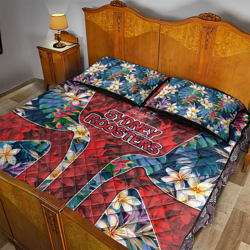 Sydney Roosters Quilt Bed Set Tropical Hibiscus Floral Pattern With Red And Blue Accents
