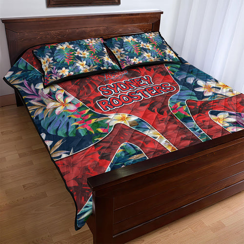 Sydney Roosters Quilt Bed Set Tropical Hibiscus Floral Pattern With Red And Blue Accents