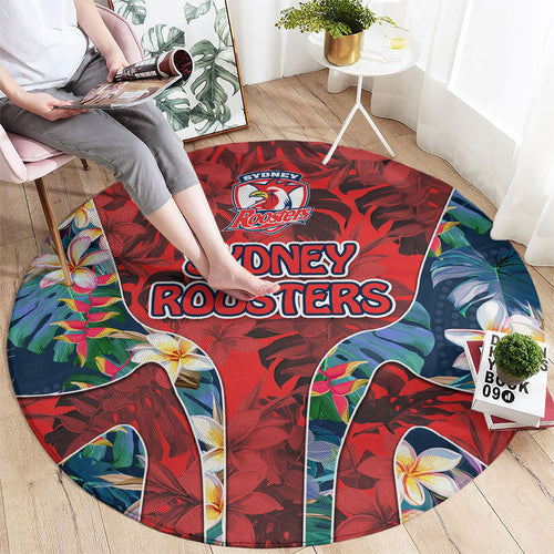 Sydney Roosters Round Carpet Tropical Hibiscus Floral Pattern With Red And Blue Accents