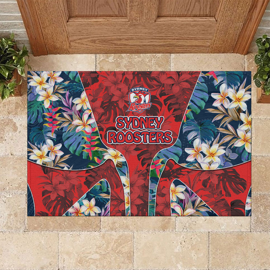 Sydney Roosters Rubber Doormat Tropical Hibiscus Floral Pattern With Red And Blue Accents