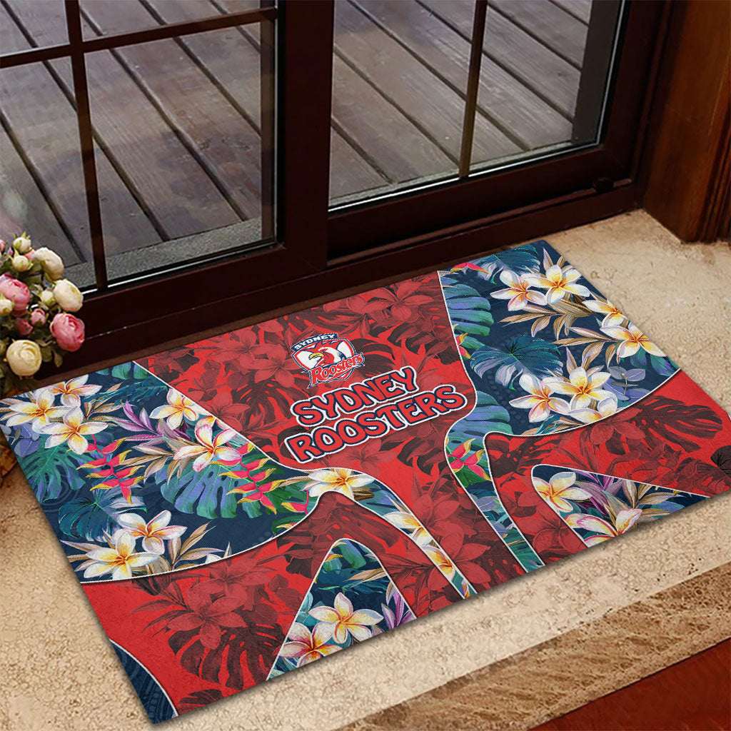 Sydney Roosters Rubber Doormat Tropical Hibiscus Floral Pattern With Red And Blue Accents