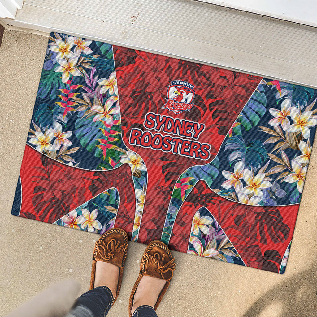 Sydney Roosters Rubber Doormat Tropical Hibiscus Floral Pattern With Red And Blue Accents