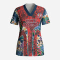 Sydney Roosters Scrub Top Tropical Hibiscus Floral Pattern With Red And Blue Accents