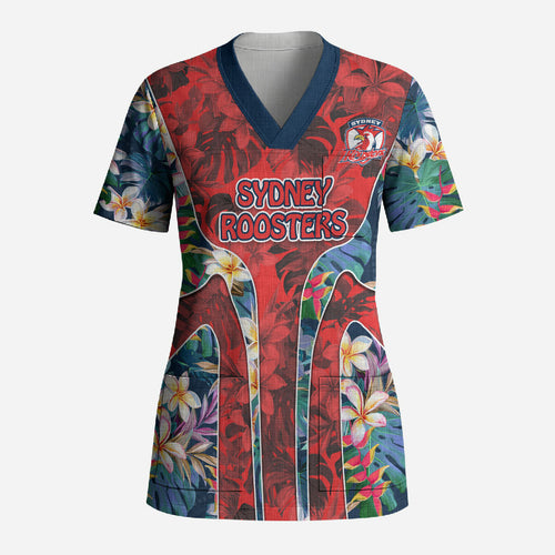 Sydney Roosters Scrub Top Tropical Hibiscus Floral Pattern With Red And Blue Accents