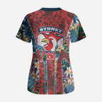 Sydney Roosters Scrub Top Tropical Hibiscus Floral Pattern With Red And Blue Accents