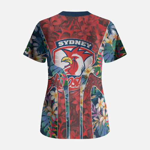 Sydney Roosters Scrub Top Tropical Hibiscus Floral Pattern With Red And Blue Accents
