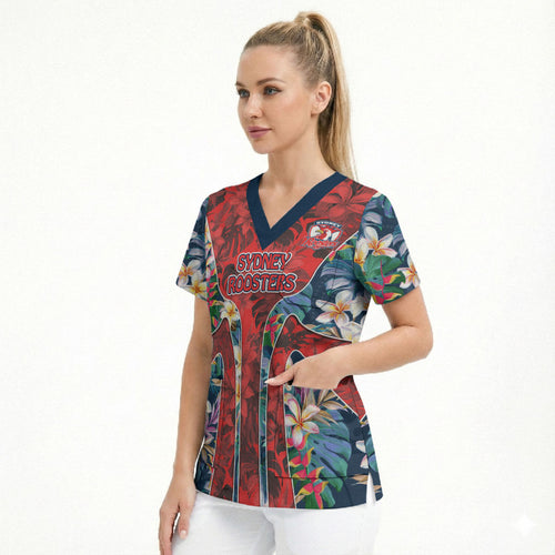 Sydney Roosters Scrub Top Tropical Hibiscus Floral Pattern With Red And Blue Accents