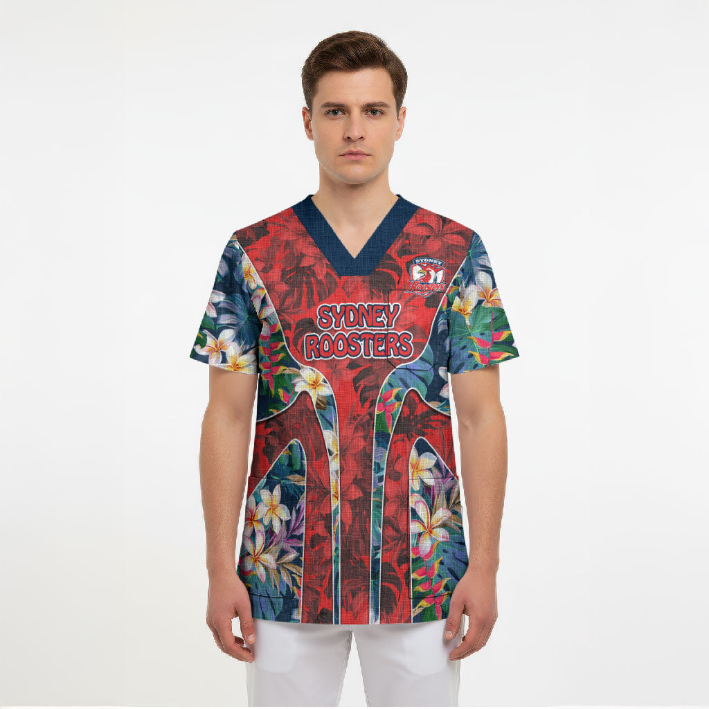 Sydney Roosters Scrub Top Tropical Hibiscus Floral Pattern With Red And Blue Accents