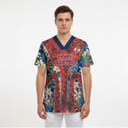 Sydney Roosters Scrub Top Tropical Hibiscus Floral Pattern With Red And Blue Accents