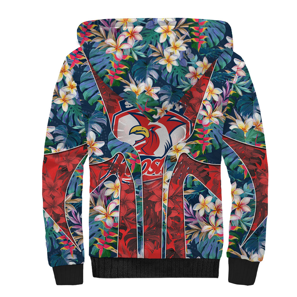 Sydney Roosters Sherpa Hoodie Tropical Hibiscus Floral Pattern With Red And Blue Accents