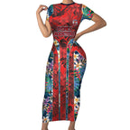 Sydney Roosters Short Sleeve Bodycon Dress Tropical Hibiscus Floral Pattern With Red And Blue Accents