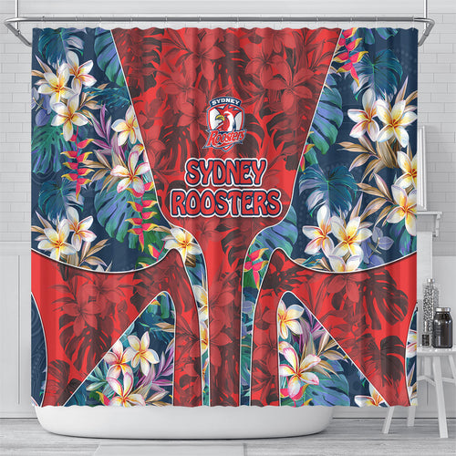Sydney Roosters Shower Curtain Tropical Hibiscus Floral Pattern With Red And Blue Accents