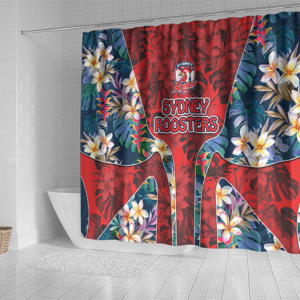 Sydney Roosters Shower Curtain Tropical Hibiscus Floral Pattern With Red And Blue Accents