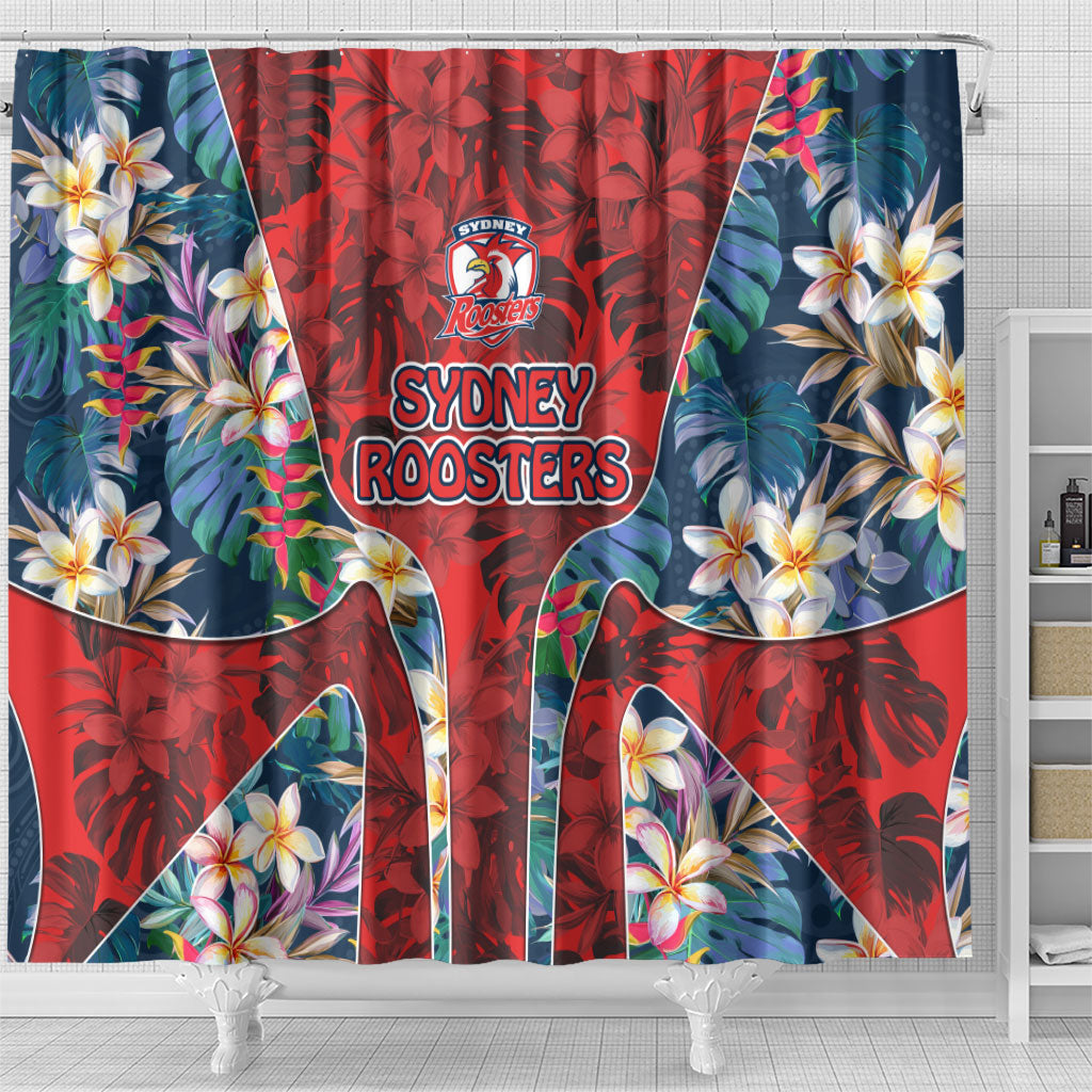 Sydney Roosters Shower Curtain Tropical Hibiscus Floral Pattern With Red And Blue Accents