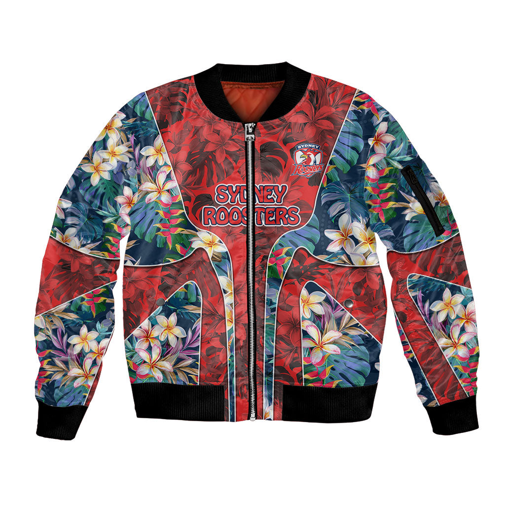 Sydney Roosters Sleeve Zip Bomber Jacket Tropical Hibiscus Floral Pattern With Red And Blue Accents