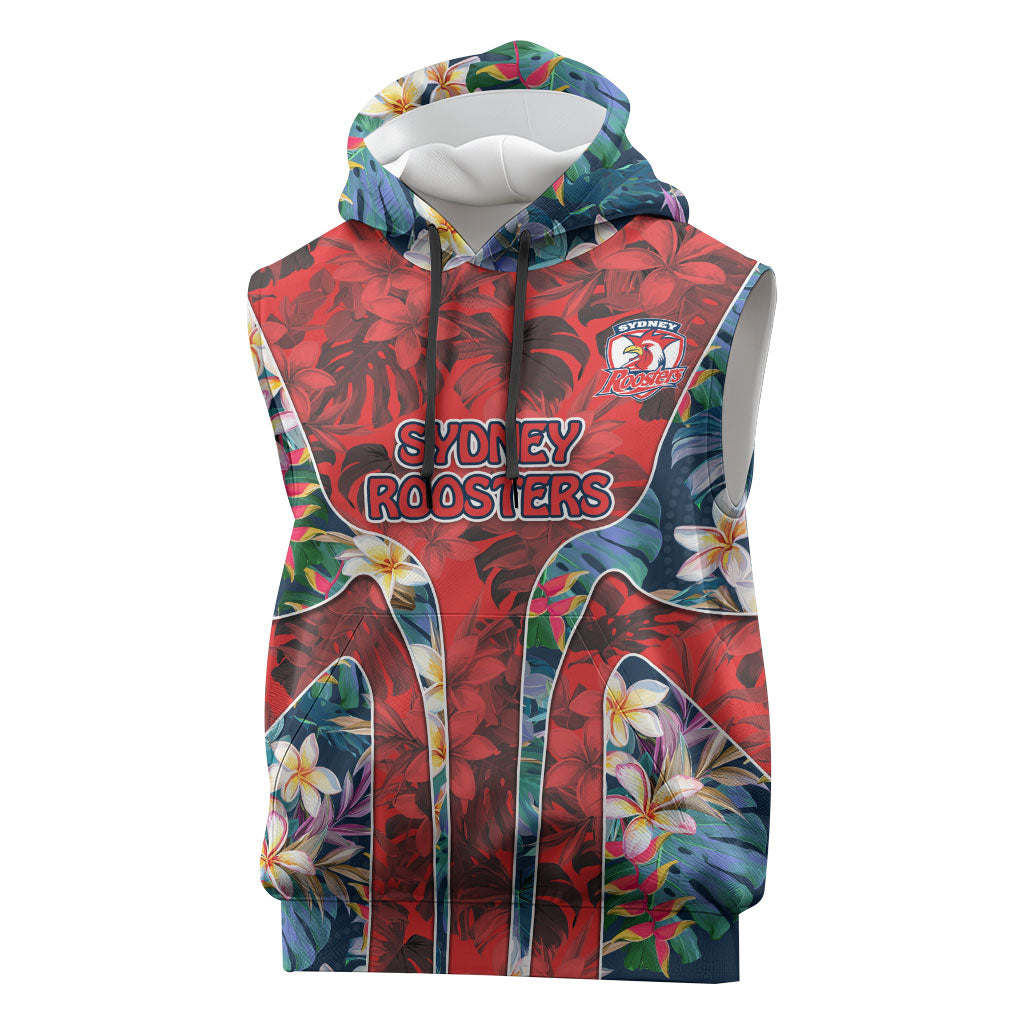 Sydney Roosters Sleeveless Hoodie Tropical Hibiscus Floral Pattern With Red And Blue Accents