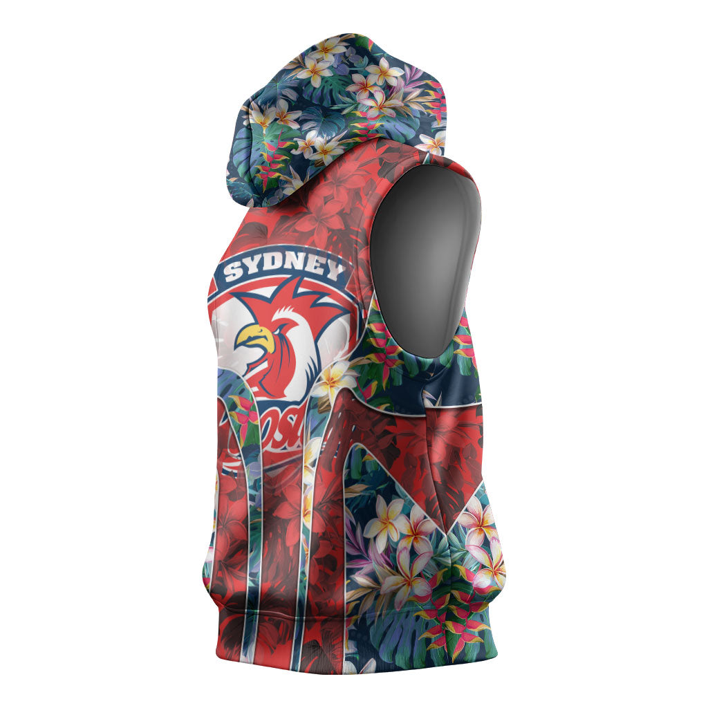 Sydney Roosters Sleeveless Hoodie Tropical Hibiscus Floral Pattern With Red And Blue Accents