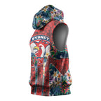 Sydney Roosters Sleeveless Hoodie Tropical Hibiscus Floral Pattern With Red And Blue Accents