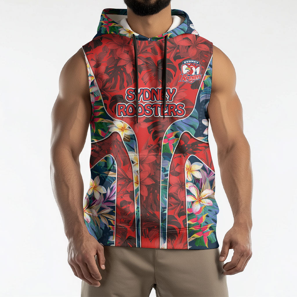 Sydney Roosters Sleeveless Hoodie Tropical Hibiscus Floral Pattern With Red And Blue Accents