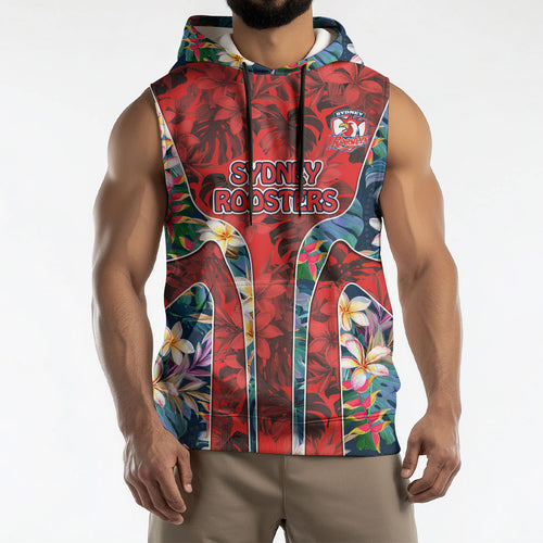 Sydney Roosters Sleeveless Hoodie Tropical Hibiscus Floral Pattern With Red And Blue Accents