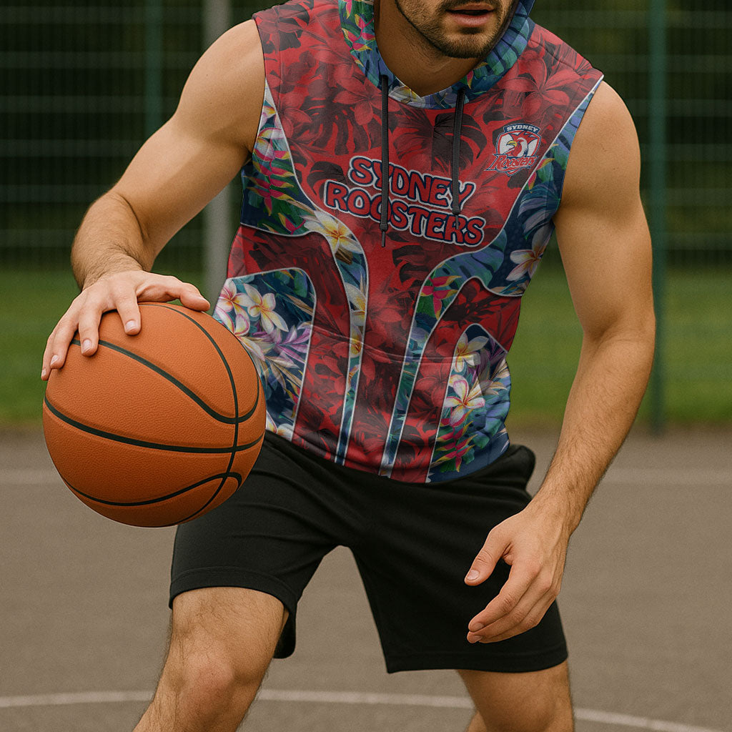 Sydney Roosters Sleeveless Hoodie Tropical Hibiscus Floral Pattern With Red And Blue Accents