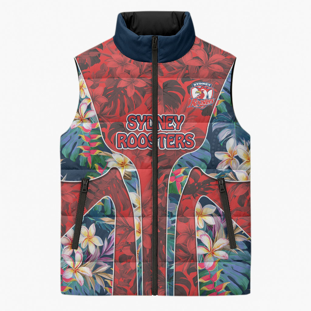 Sydney Roosters Sleeveless Puffer Jacket Tropical Hibiscus Floral Pattern With Red And Blue Accents