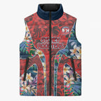 Sydney Roosters Sleeveless Puffer Jacket Tropical Hibiscus Floral Pattern With Red And Blue Accents