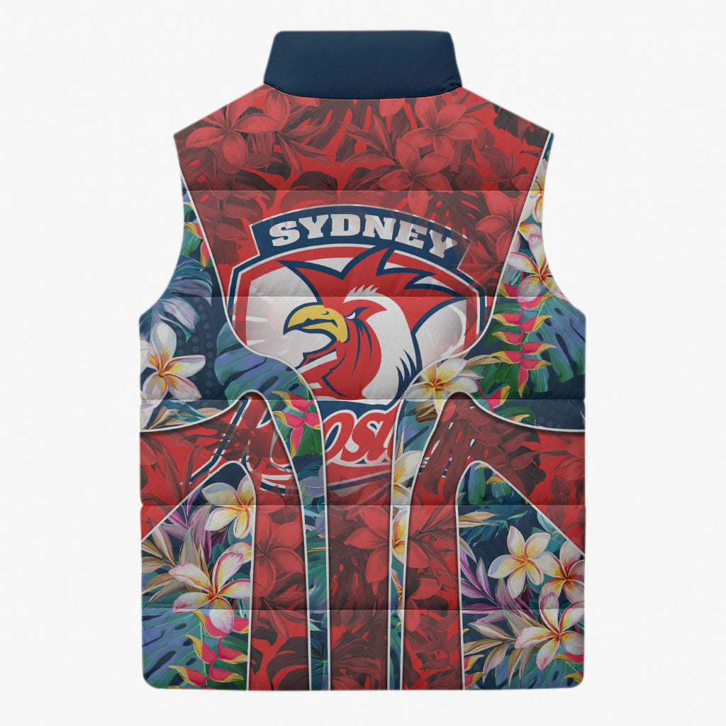 Sydney Roosters Sleeveless Puffer Jacket Tropical Hibiscus Floral Pattern With Red And Blue Accents