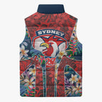 Sydney Roosters Sleeveless Puffer Jacket Tropical Hibiscus Floral Pattern With Red And Blue Accents