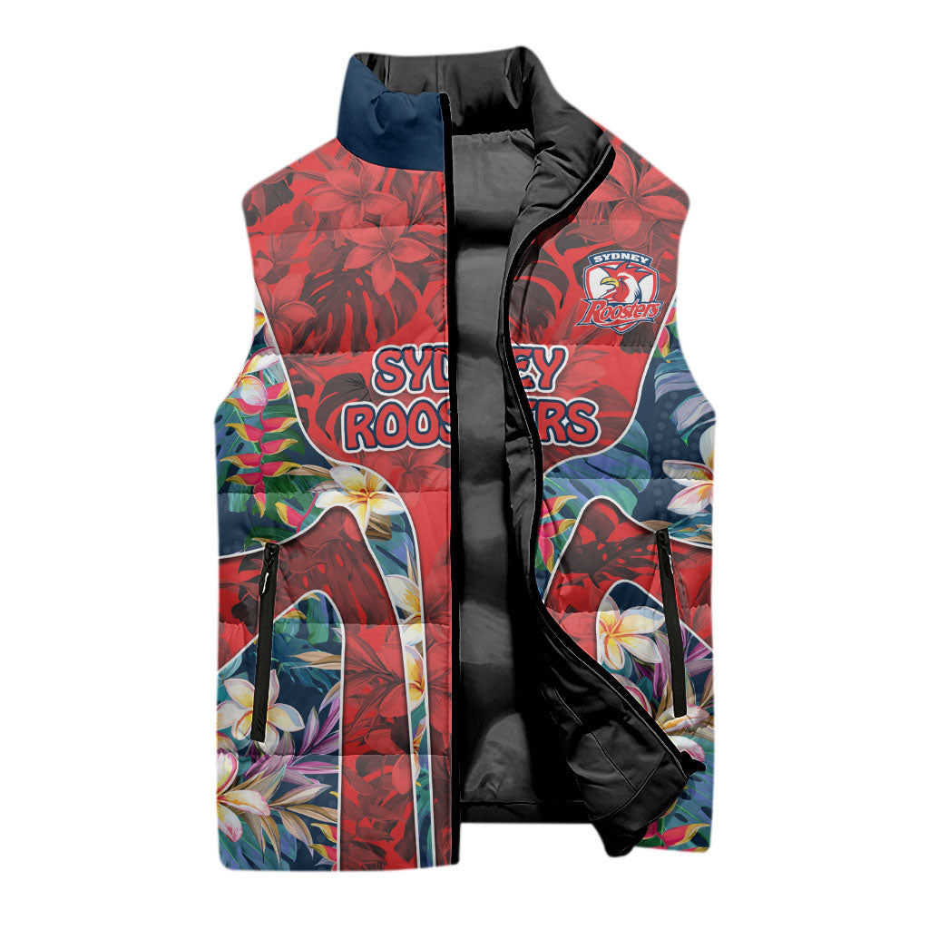 Sydney Roosters Sleeveless Puffer Jacket Tropical Hibiscus Floral Pattern With Red And Blue Accents
