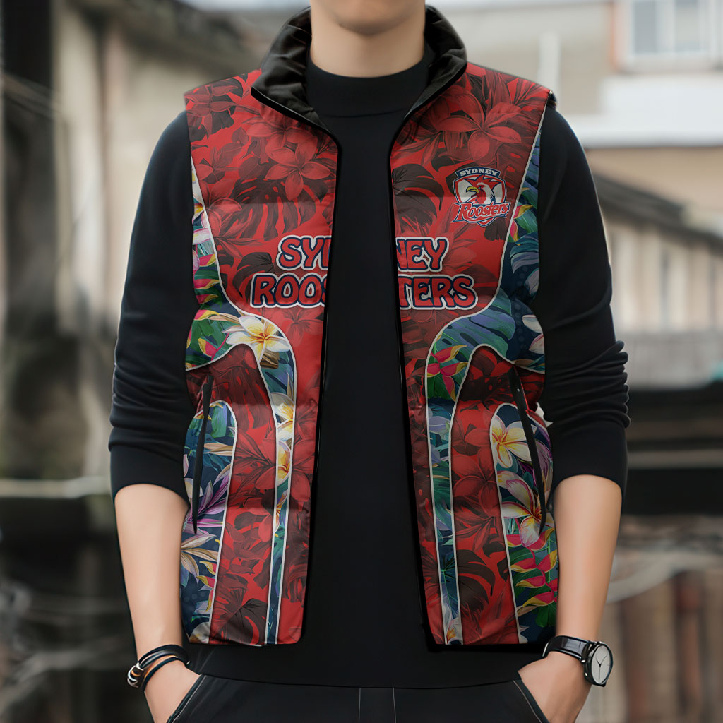 Sydney Roosters Sleeveless Puffer Jacket Tropical Hibiscus Floral Pattern With Red And Blue Accents